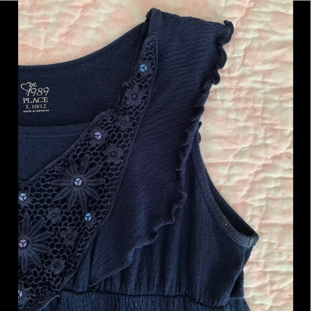 Children's Place Tank Top Girls L 10/12 Navy Blue Crochet Sequin Ruffle Textured